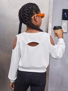 SHEIN Leap Crew Tween Girl Knitted Solid Color Short Sweatshirt With Cut-Out Shoulder And Round Collar - White - View 1