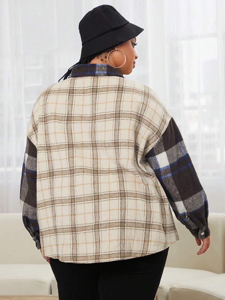 Plus Plaid Print Drop Shoulder Flap Pocket Shirt