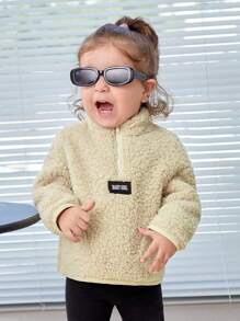 SHEIN Baby Girl Letter Patched Detail Half Zip Teddy Sweatshirt - Apricot - View 4