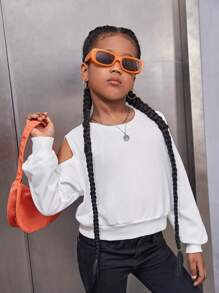 SHEIN Leap Crew Tween Girl Knitted Solid Color Short Sweatshirt With Cut-Out Shoulder And Round Collar - White - View 2