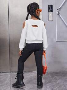 SHEIN Leap Crew Tween Girl Knitted Solid Color Short Sweatshirt With Cut-Out Shoulder And Round Collar - White - View 3