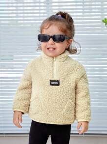 SHEIN Baby Girl Letter Patched Detail Half Zip Teddy Sweatshirt - Apricot - View 5