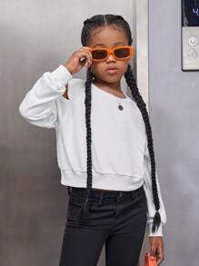 SHEIN Leap Crew Tween Girl Knitted Solid Color Short Sweatshirt With Cut-Out Shoulder And Round Collar - White - View 4