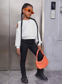 SHEIN Leap Crew Tween Girl Knitted Solid Color Short Sweatshirt With Cut-Out Shoulder And Round Collar - White - View 5