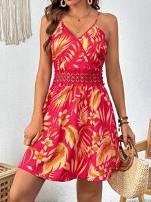 SHEIN VCAY 熱帶圖案拼接水溶蕾絲吊帶連衣裙 - 紅色 - 查看 3