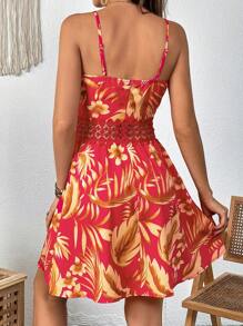 SHEIN VCAY 熱帶圖案拼接水溶蕾絲吊帶連衣裙 - 紅色 - 查看 2