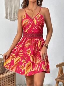 SHEIN VCAY 熱帶圖案拼接水溶蕾絲吊帶連衣裙 - 紅色 - 查看 4