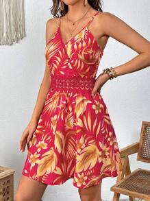 SHEIN VCAY 熱帶圖案拼接水溶蕾絲吊帶連衣裙 - 紅色 - 查看 5