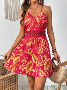 SHEIN VCAY 熱帶圖案拼接水溶蕾絲吊帶連衣裙 - 紅色 - 查看 1