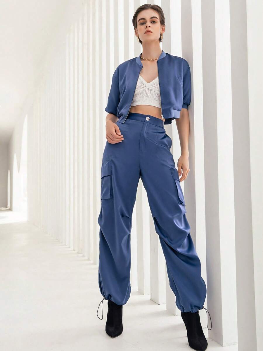 SHEIN BIZwear Zip Up Crop Jacket & Drawstring Hem Cargo Pants - Teal Blue - View 1