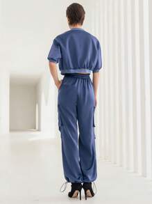 SHEIN BIZwear Zip Up Crop Jacket & Drawstring Hem Cargo Pants - Teal Blue - View 2