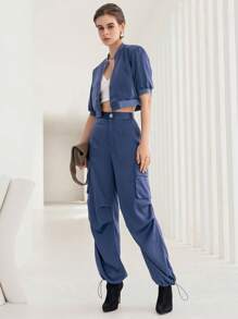 SHEIN BIZwear Zip Up Crop Jacket & Drawstring Hem Cargo Pants - Teal Blue - View 4