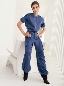 SHEIN BIZwear Zip Up Crop Jacket & Drawstring Hem Cargo Pants - Teal Blue - View 6