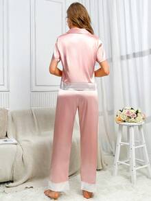 Women's Pink Satin Pajama Set With Lapel Collar And Contrast Binding Casual Sleepwear - Pink - View 6