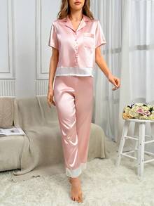 Women's Pink Satin Pajama Set With Lapel Collar And Contrast Binding Casual Sleepwear - Pink - View 2