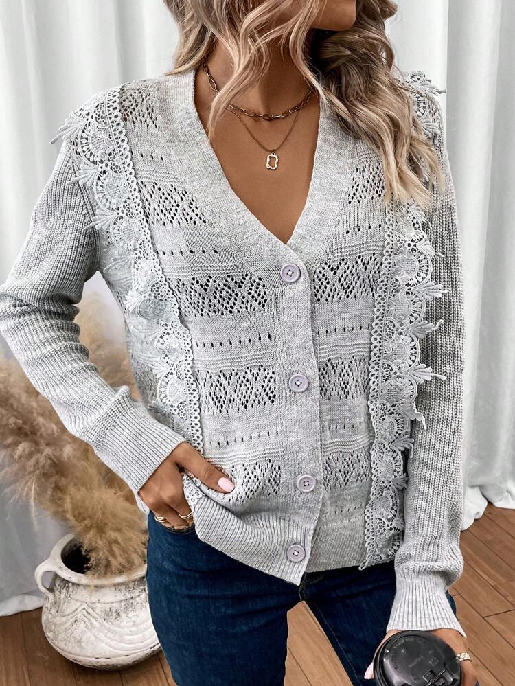 Guipure Lace Trim Pointelle Knit Button Front Cardigan