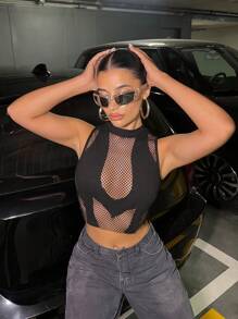 SHEIN ICON Contrast Fishnet Crop Tank Top - Black - View 1