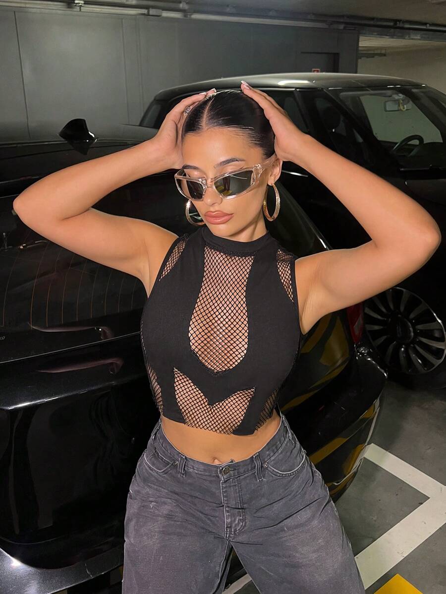 SHEIN ICON Contrast Fishnet Crop Tank Top - Black - View 1