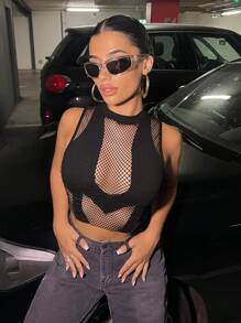 SHEIN ICON Contrast Fishnet Crop Tank Top - Black - View 3