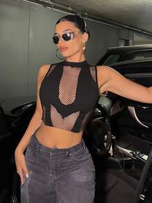 SHEIN ICON Contrast Fishnet Crop Tank Top - Black - View 4