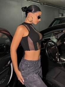 SHEIN ICON Contrast Fishnet Crop Tank Top - Black - View 5
