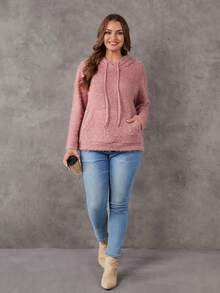 SHEIN LUNE Plus Kangaroo Pocket Drawstring Hooded Teddy Sweatshirt - Dusty Pink - View 3