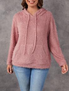 SHEIN LUNE Plus Kangaroo Pocket Drawstring Hooded Teddy Sweatshirt - Dusty Pink - View 4