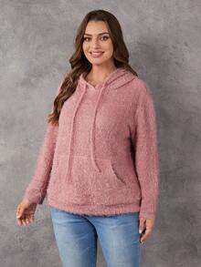 SHEIN LUNE Plus Kangaroo Pocket Drawstring Hooded Teddy Sweatshirt - Dusty Pink - View 5