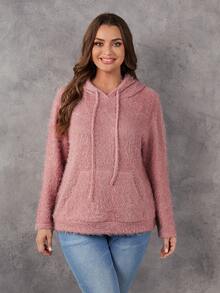 SHEIN LUNE Plus Kangaroo Pocket Drawstring Hooded Teddy Sweatshirt - Dusty Pink - View 6