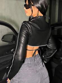 SHEIN ICON Contrast Binding Super Crop PU Leather Jacket In Fall/Winter - Black - View 2