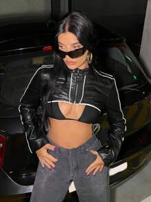 SHEIN ICON Contrast Binding Super Crop PU Leather Jacket In Fall/Winter - Black - View 3