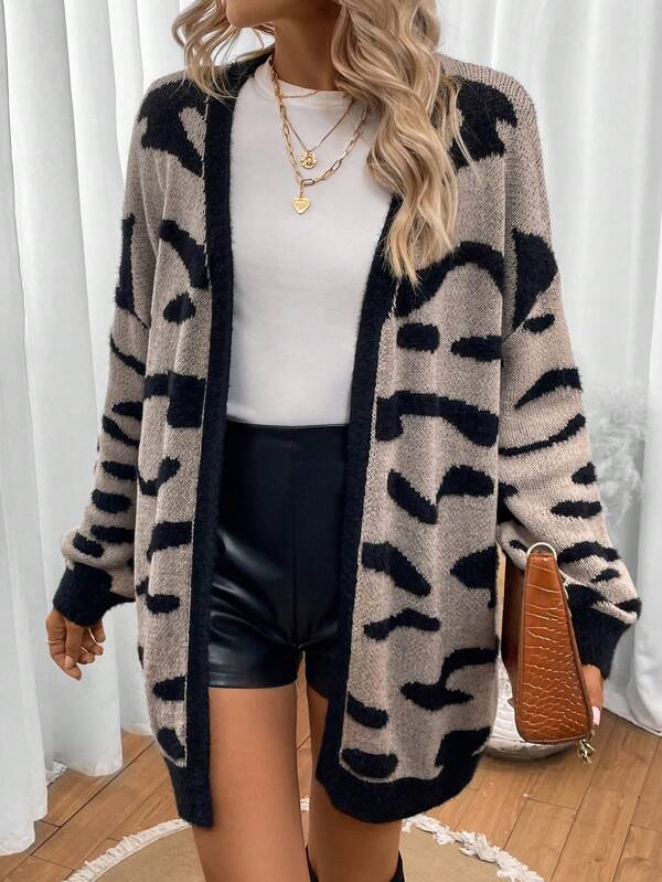 SHEIN Essnce Leopard Pattern Drop Shoulder Duster Cardigan