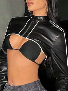 SHEIN ICON Contrast Binding Super Crop PU Leather Jacket In Fall/Winter - Black - View 6