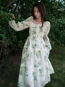 DAZY Floral Print Lantern Sleeve Ruffle Hem Dress - Green - View 7