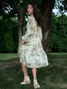 DAZY Floral Print Lantern Sleeve Ruffle Hem Dress - Green - View 2