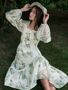 DAZY Floral Print Lantern Sleeve Ruffle Hem Dress - Green - View 3