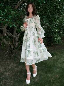 DAZY Floral Print Lantern Sleeve Ruffle Hem Dress - Green - View 4