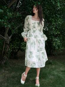 DAZY Floral Print Lantern Sleeve Ruffle Hem Dress - Green - View 5