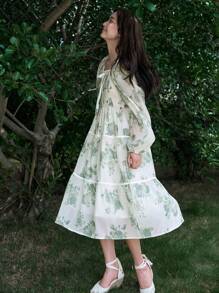 DAZY Floral Print Lantern Sleeve Ruffle Hem Dress - Green - View 6