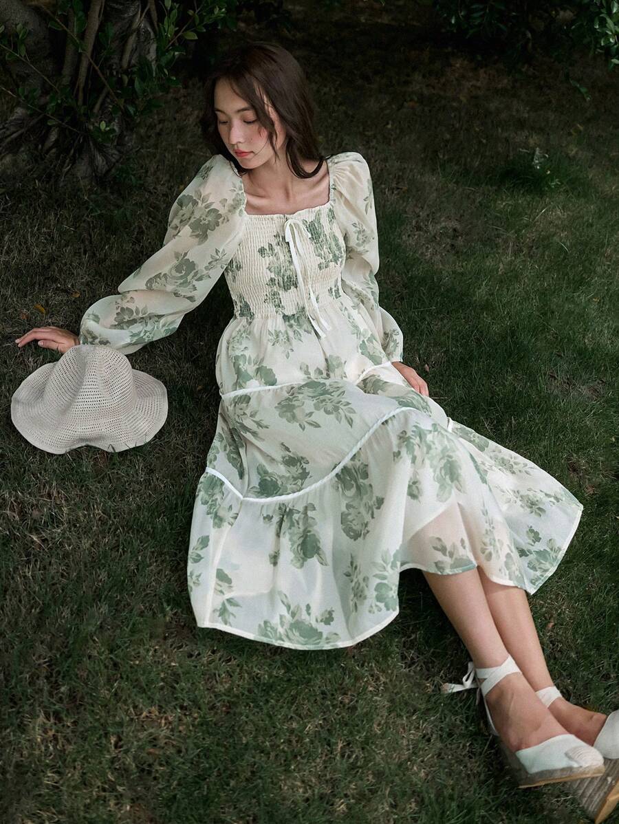 DAZY Floral Print Lantern Sleeve Ruffle Hem Dress - Green - View 1