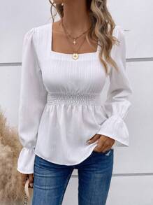 SHEIN Clasi 方领 喇叭袖 荷叶边衬衫 荷叶边上衣 - 白色 - 查看 1