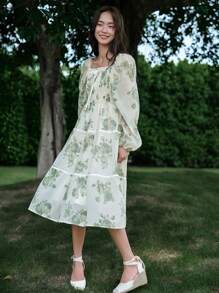 DAZY Floral Print Lantern Sleeve Ruffle Hem Dress - Green - View 8