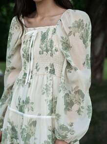 DAZY Floral Print Lantern Sleeve Ruffle Hem Dress - Green - View 9