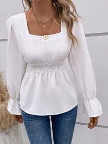 SHEIN Clasi 方领 喇叭袖 荷叶边衬衫 荷叶边上衣 - 白色 - 查看 4