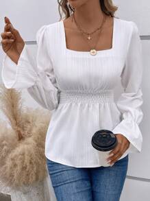 SHEIN Clasi 方领 喇叭袖 荷叶边衬衫 荷叶边上衣 - 白色 - 查看 5