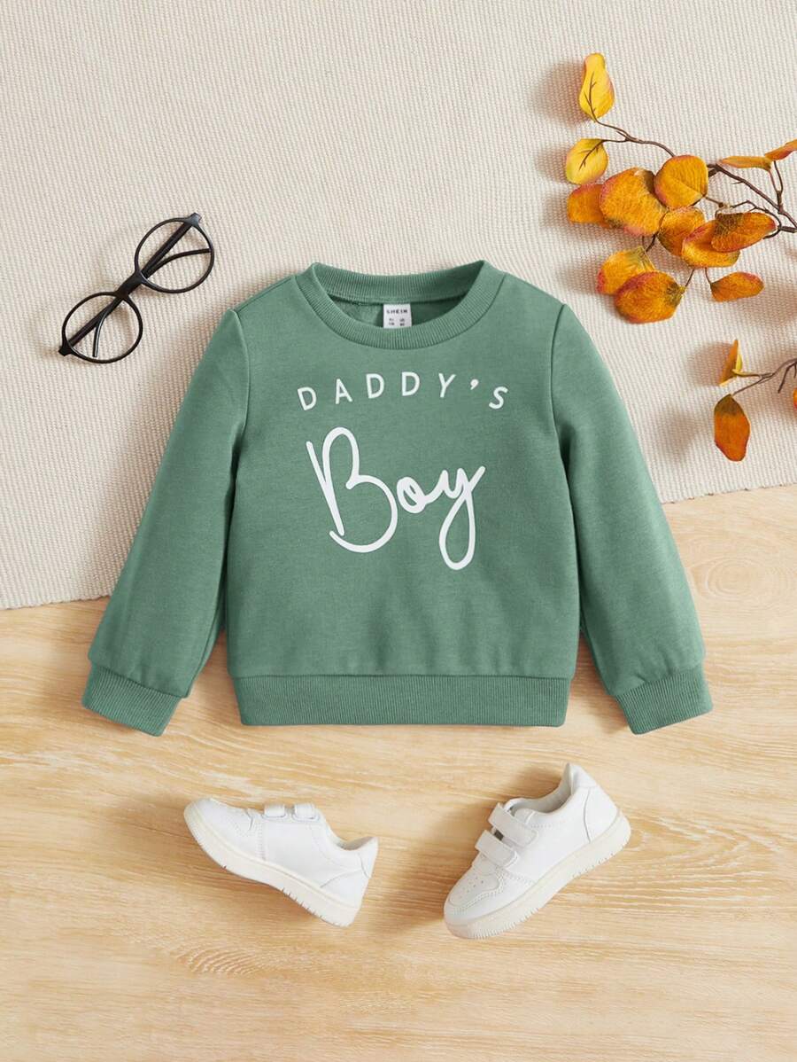 SHEIN Leap Crew Baby Boy's Casual And Simple Letter Printed Sweatshirt, Suitable For Autumn/Winter - Green - View 1