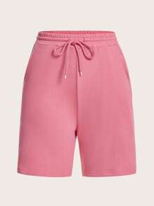 SHEIN BASICS 腰部抽繩斜口袋素色運動短褲 - 西瓜粉 - 查看 1