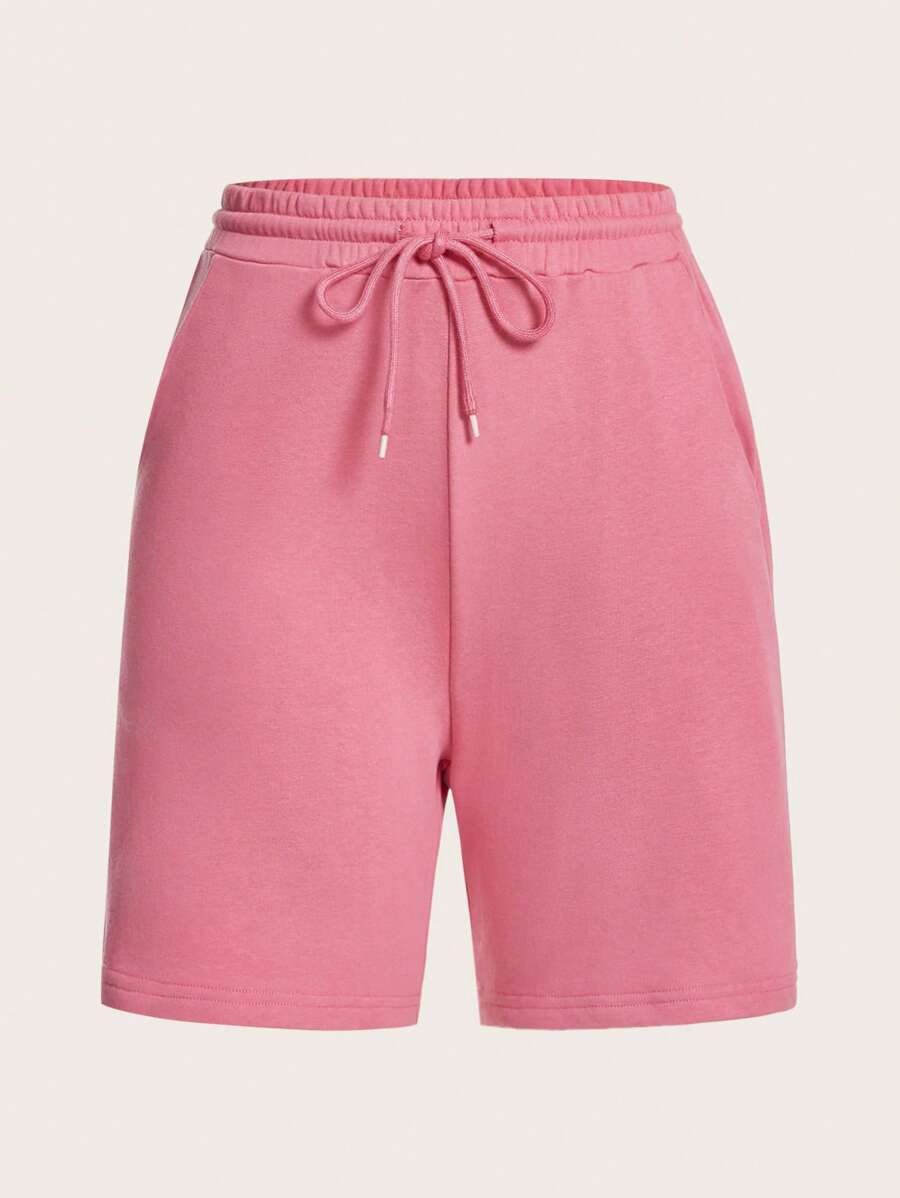 SHEIN BASICS 腰部抽繩斜口袋素色運動短褲 - 西瓜粉 - 查看 1
