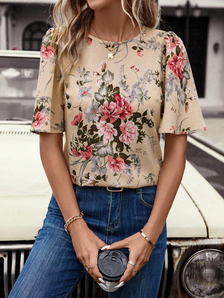 Floral Printed Puff Sleeve Shirt Pink Shirt