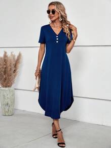 SHEIN Clasi Solid Button Detail Curved Hem Dress - Blue - View 3